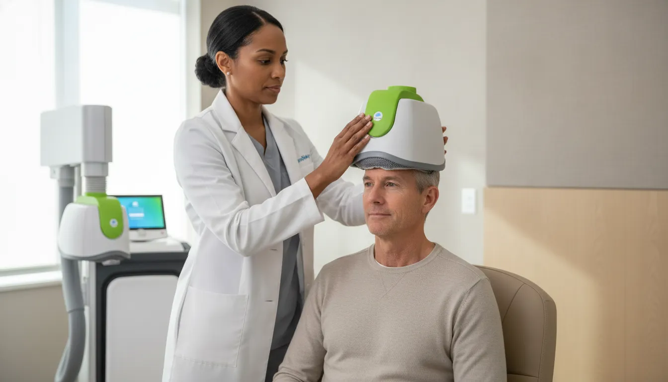 TMS therapy session in Denver, Colorado with clinician positioning a BrainsWay Deep TMS device.